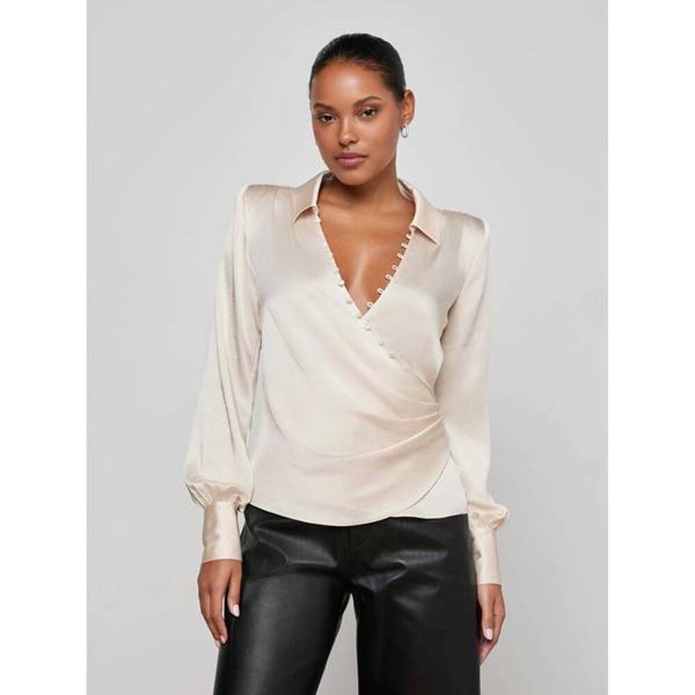 L'Agence Bernice Satin Wrap Blouse in Champagne 10
